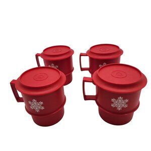Tupperware Vintage Coffee / Tea Mugs with coasters lids Holiday set of 4 snowfla